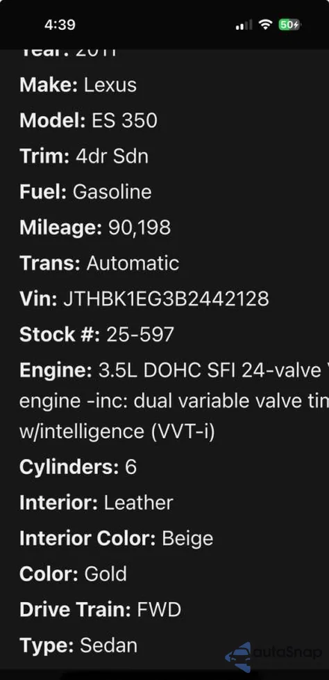 2011 Lexus Es 350 z USA, uszkodzony, nr VIN JTHBK1EG3B2442XXX